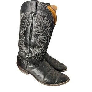 Nocona Black Leather Boots Mens 10 2E Western Embroidered Point Toe Classic